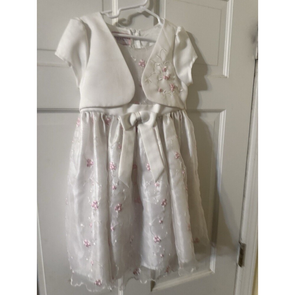 Ultra Girl White Dress with Bows-White Overlay with Pink Flowers Girls Size 6